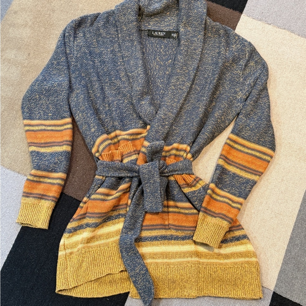 Lauren Ralph Lauren Striped Belted Cotton Blend Cardigan Southwestern Boho - Picture 4 of 13